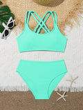 Tween Girl Bikini Set Two Pieces Shoulder Strap Crisscross Ribbed Swimwear Spring Summer Fluorescent Color Split Swimwear Summer Beach