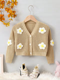 Young Girl 3D Flower Button Up Ribbed Knit Cardigan For Spring And Autumn