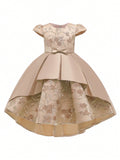 Young Girl Plain Satin Embroidered Bow Decorated Gorgeous Flower Girl Party Dress