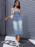 Women Retro Washed Denim Overalls Dress With Flap Pockets, Fashionable And Versatile For Summer