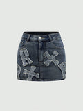 Punk Summer Stretch Cross Embroidery Fringe Denim Skirt For Women, Water Washed
