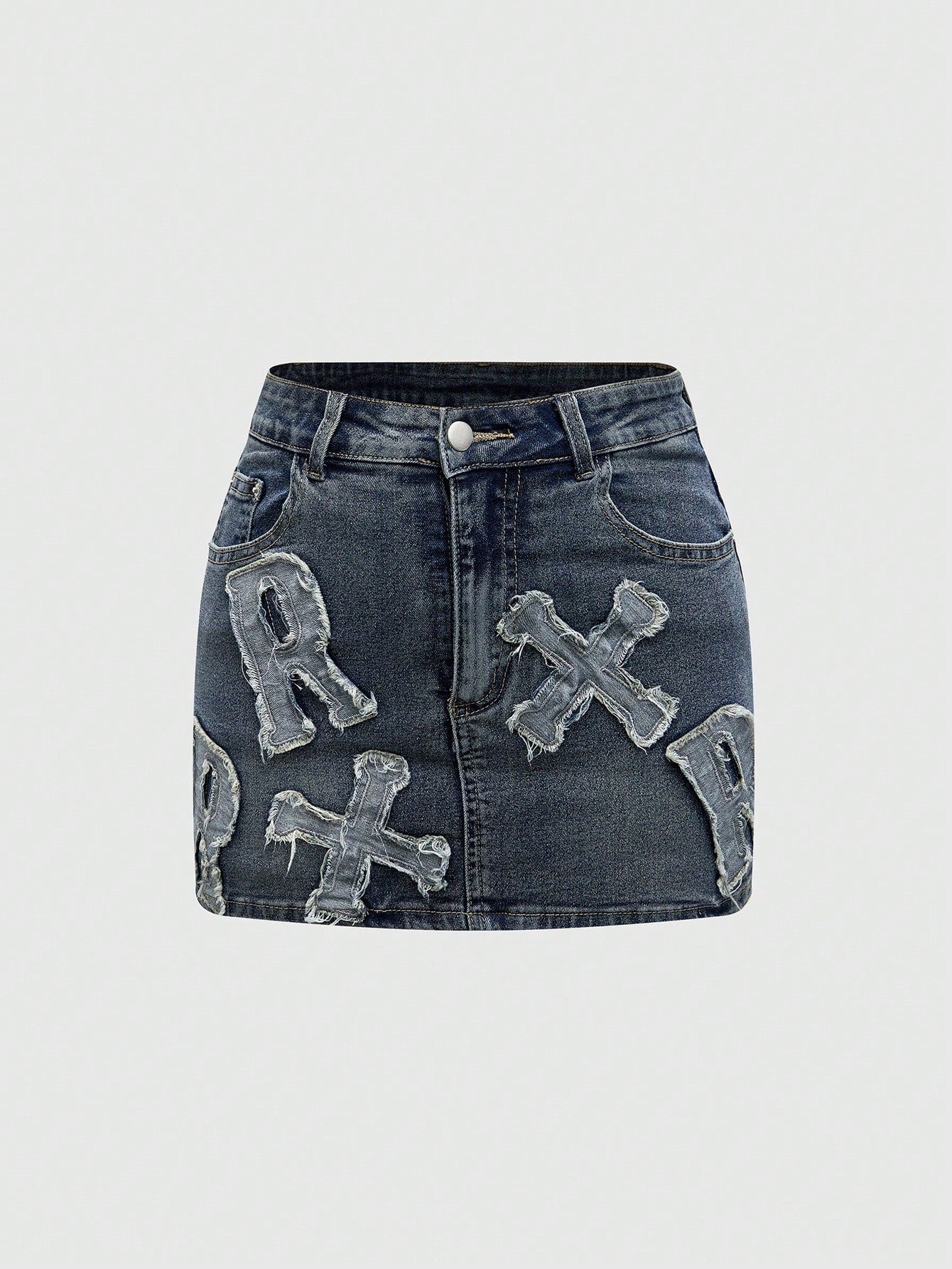 Punk Summer Stretch Cross Embroidery Fringe Denim Skirt For Women, Water Washed
