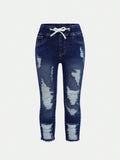 Young Girl Basic Daily Streetwear Drawstring Waisted Destroied Raw Hem Tight Jeans