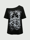 Goth Vintage Cross Vine Slogan Distressed Print Plus Size Loose One-Shoulder Drop-Shoulder T-Shirt, School