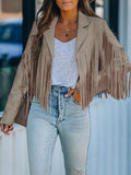 Astylish Women Long Sleeve Fringe Open Front Faux Suede Moto Jacket