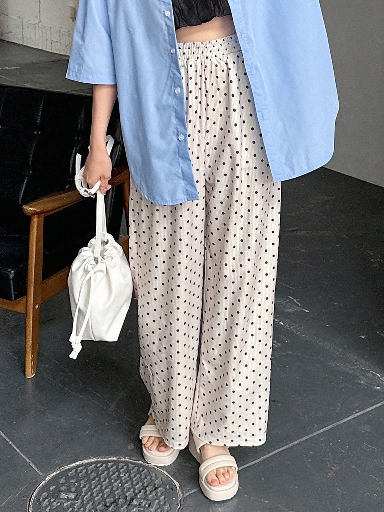 FRIFUL Women Loose Fit Elastic Waist Polka Dot Printed Straight Leg Casual Long Pants