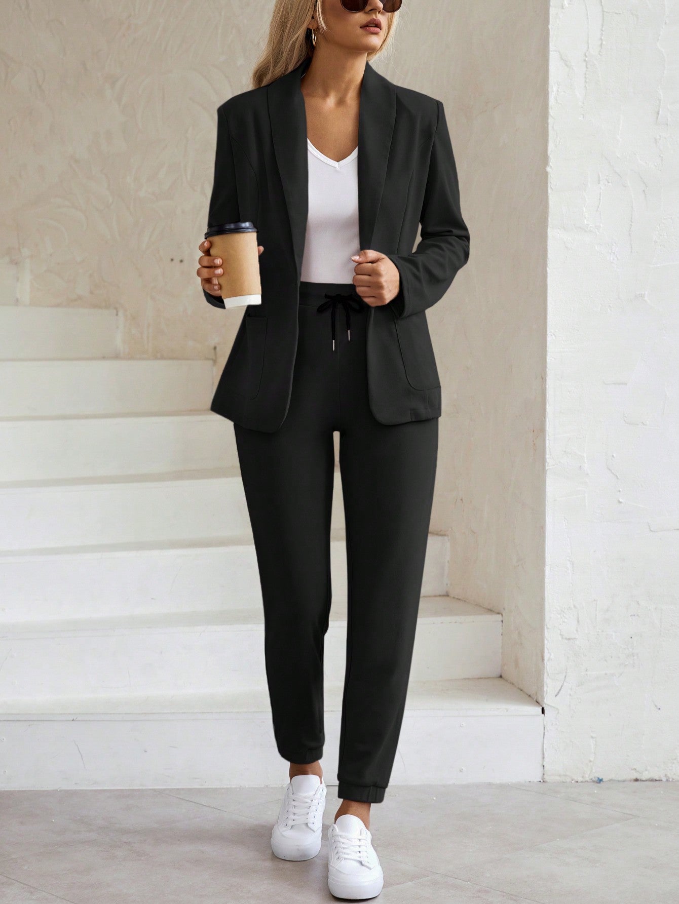 Ladies Granular Texture Suit Set With Turn-Down Collar Cardigan And Elastic Waistband Trousers