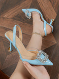 Elegant Women Blue High Heels With Pointed Toe, Diamond Decoration, Back Strap Design, Open Heel, Suitable For Parties And Outdoor Spring And Summer Events