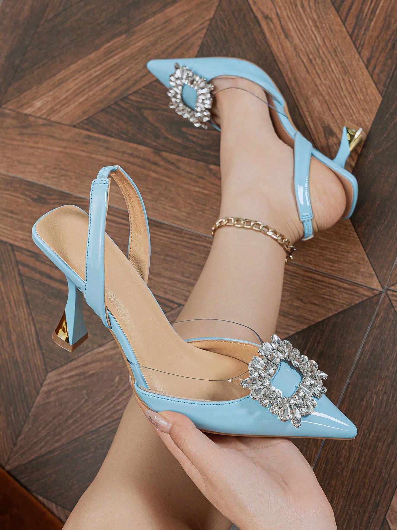Elegant Women Blue High Heels With Pointed Toe, Diamond Decoration, Back Strap Design, Open Heel, Suitable For Parties And Outdoor Spring And Summer Events