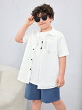 Tween Boy Extended Size Casual Loose Woven Shirt , Short Sleeve And Open Neckline