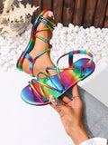 New Fashion Rainbow Striped Flat Roman Sandals For Women With Straps