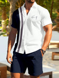 Men's Short Sleeve Color Block Collared Shirt And Shorts Set
