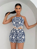 Women Vacation Leisure Full Print Fringed Hem With Tie Strap Backless Halter Top And Shorts Set