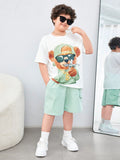 Tween Boy Extended Size Casual Bear Print Round Neck Short Sleeve Knitted T-Shirt And Woven Solid Shorts Set