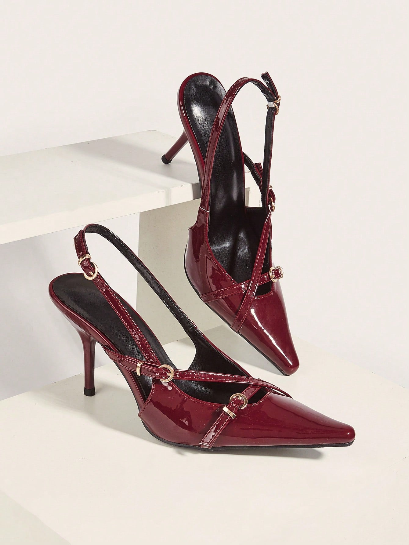 Wedding Party Sexy Wine Red Pointed Toe T-Strap Thin Heel High Heels