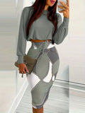 Solid Color Casual Long Sleeve Crop Top And Printed Color-Block Casual Skirt Set