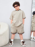 Tween Boys Extended Size Casual Tie-Dye Hooded Short Sleeve Top And Shorts Knitted Two-Piece Set