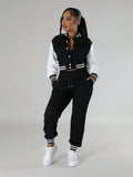 Women's Color Block Baseball Jacket And Drawstring Waist Sweatpants Set