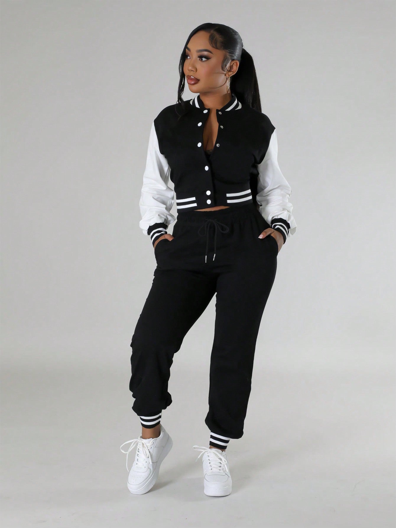Women's Color Block Baseball Jacket And Drawstring Waist Sweatpants Set