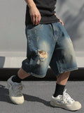 Men Plus Size Casual Loose Denim Shorts With Distressed Holes For Spring And Summer