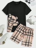 Men's Checkered Bear Print Short Sleeve T-Shirt And Drawstring Waist Shorts Set
