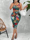 Random Tropical Print Crop Tank Top & Tie Front Pencil Skirt