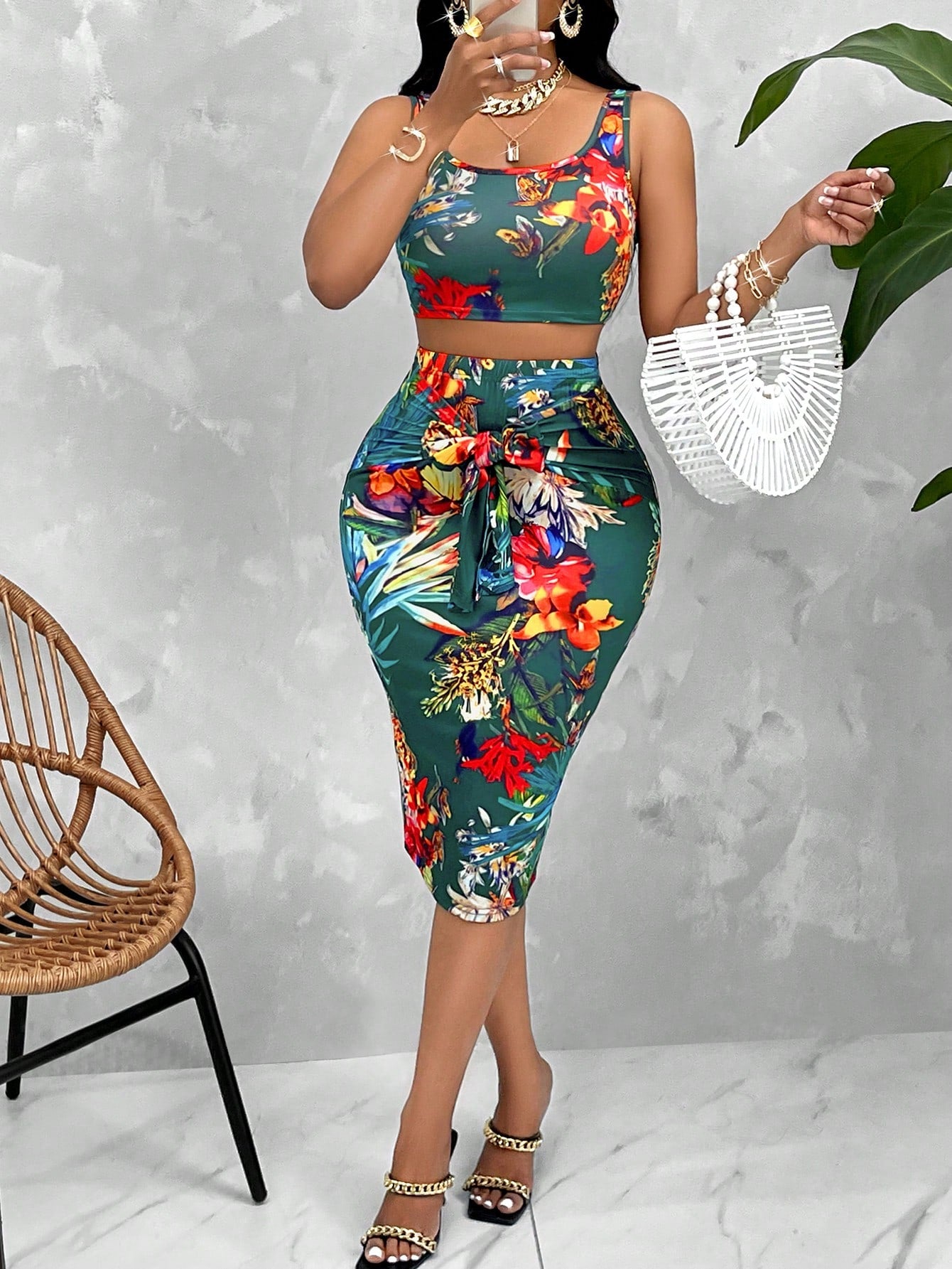 Random Tropical Print Crop Tank Top & Tie Front Pencil Skirt
