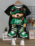 Young Boy Casual Simple Cartoon Bear Pattern Short Sleeve And Shorts Suit, Suitable For Summer