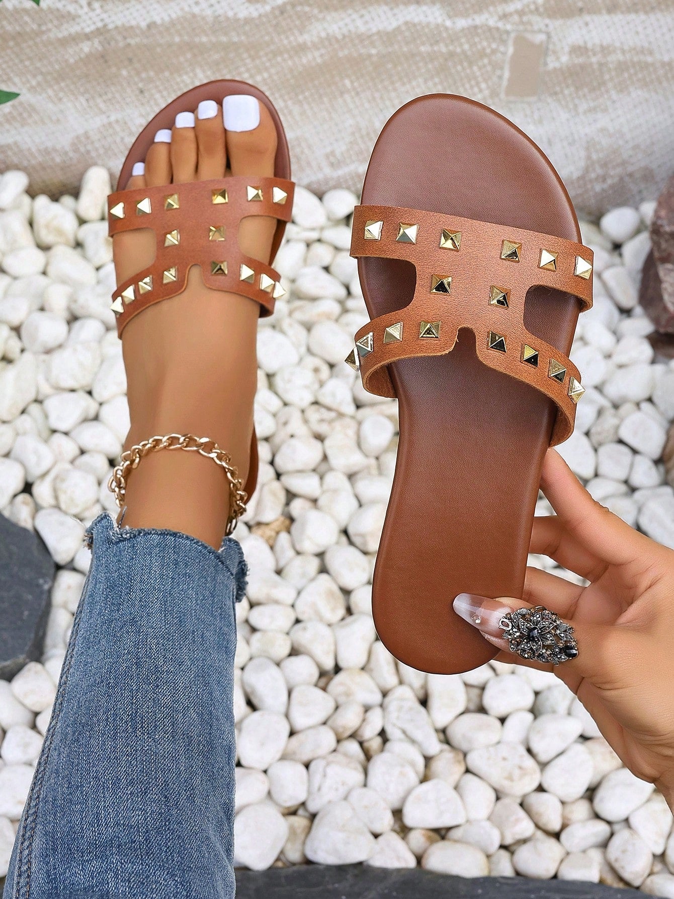 Korean Version Women Flat Sandals Casual Open Toe Slippers, Spring/Summer New Braided Roman Style Flat Outdoor Sandals, Fashionable Flats Suitable For Dresses. Perfect For Beach, Resort, Apartment, Navy Blue, Flat, One-Word Buckle, Black, Orange, White, Y