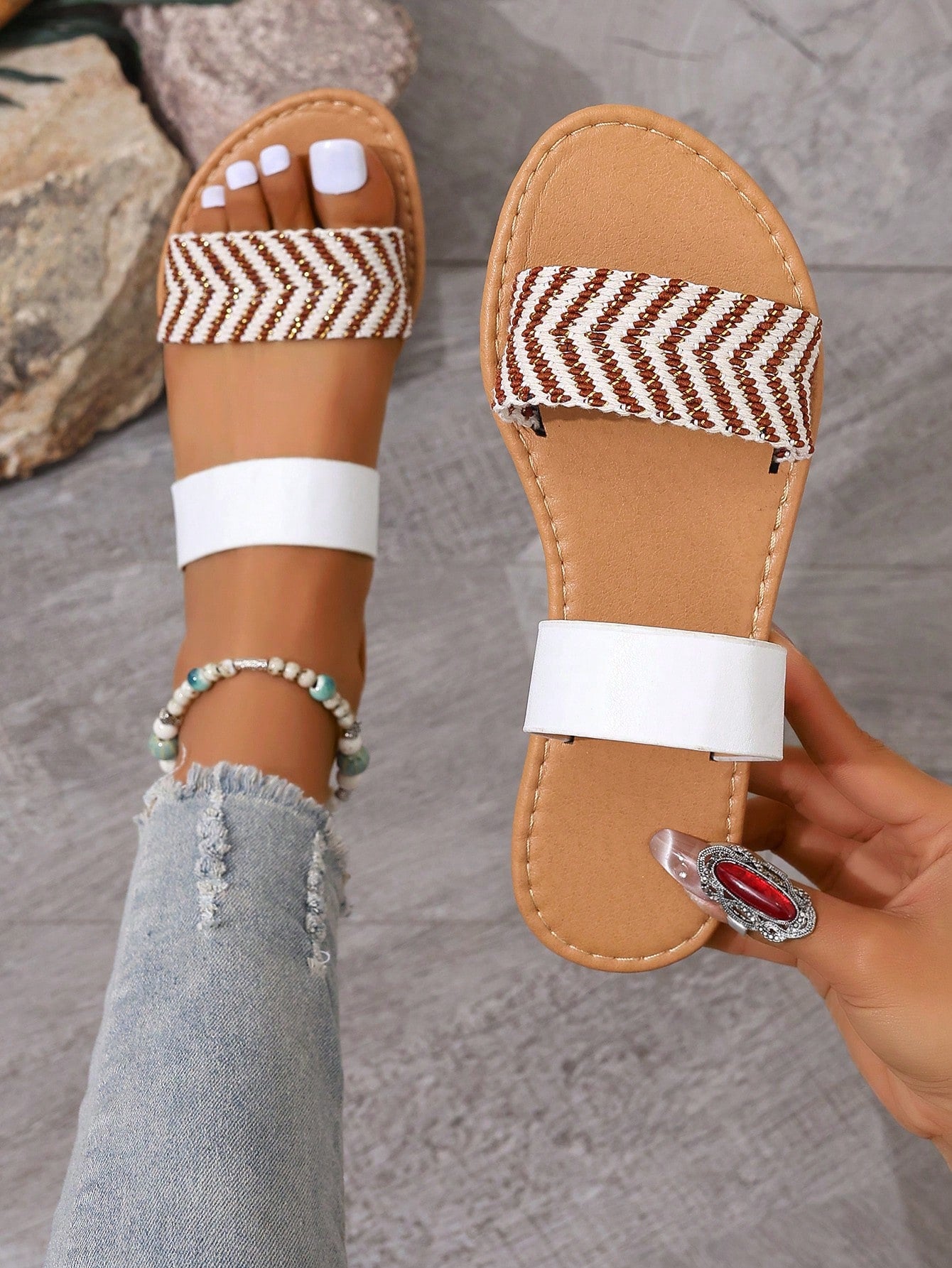 Korean Version Women Flat Sandals Casual Open Toe Slippers, Spring/Summer New Braided Roman Style Flat Outdoor Sandals, Fashionable Flats Suitable For Dresses. Perfect For Beach, Resort, Apartment, Navy Blue, Flat, One-Word Buckle, Black, Orange, White, Y