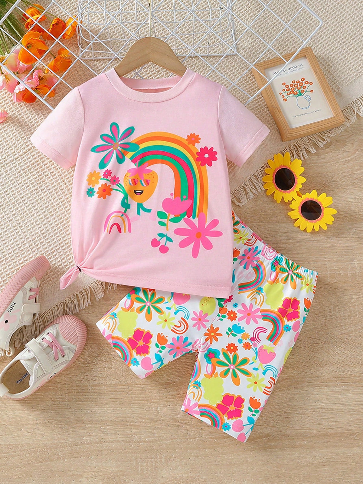 Young Girl Unicorn Printed Short Sleeve T-Shirt And Shorts Set, Summer