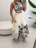 Vacation Style Flower & Plant Print Halter Neck Crop Top And Wrapped Side Slit Skirt Two Piece Set
