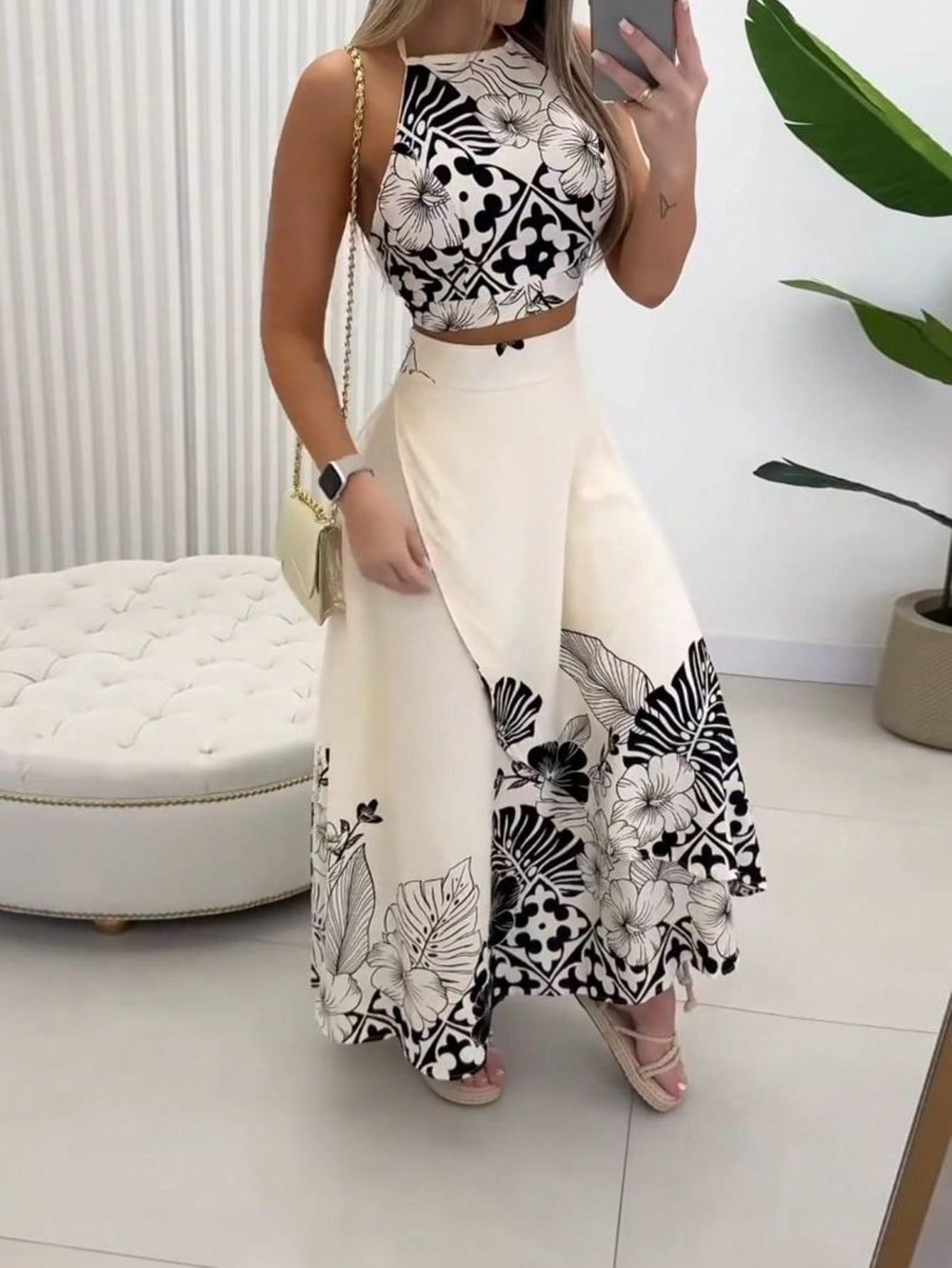 Vacation Style Flower & Plant Print Halter Neck Crop Top And Wrapped Side Slit Skirt Two Piece Set