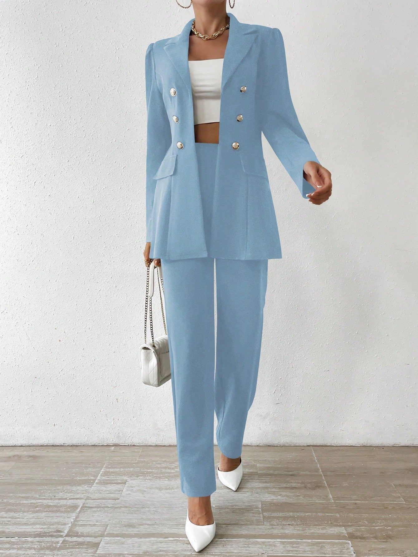 Solid Color Double-Breasted Long Sleeve Suit Jacket And Trousers Set