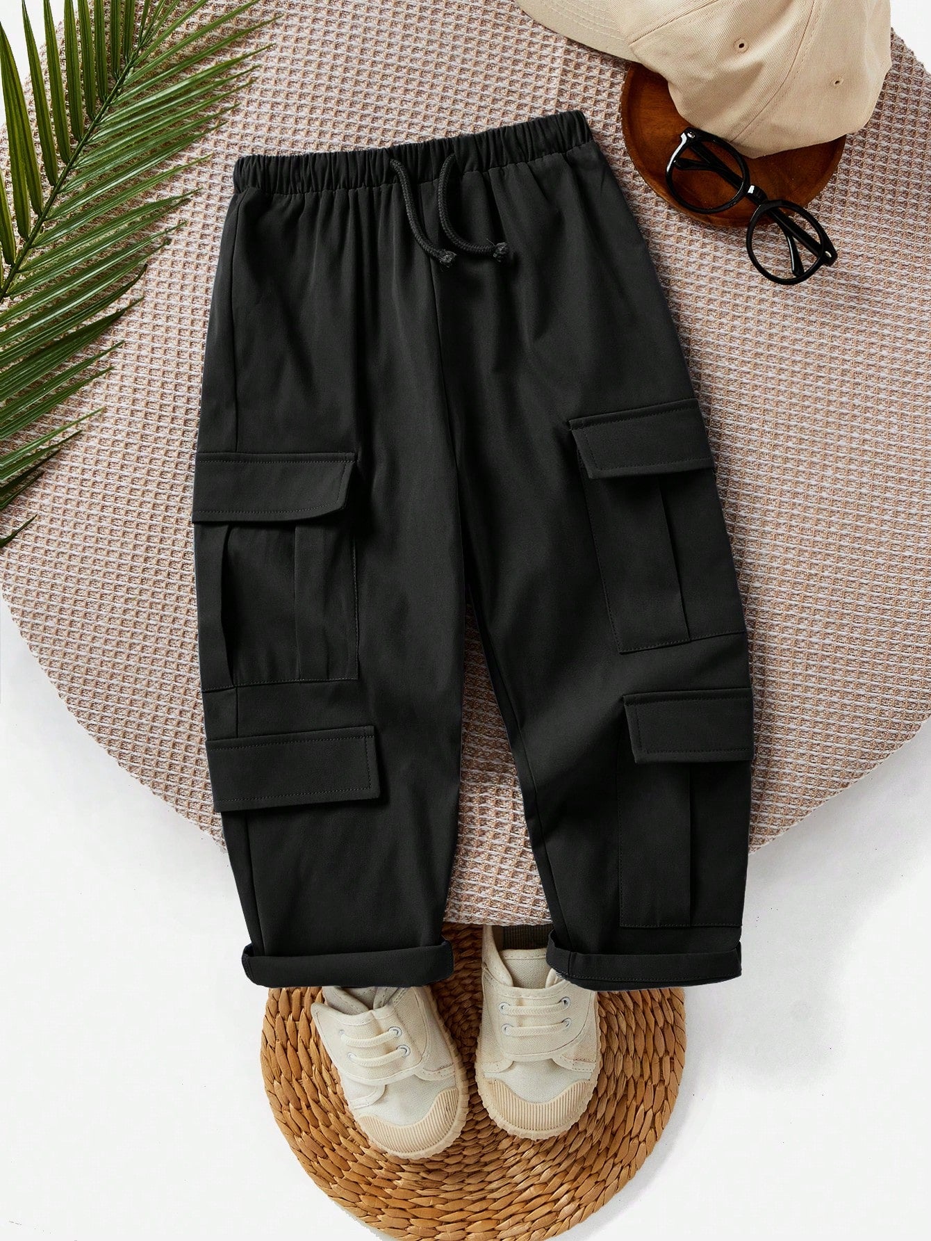 1pc Young Boys Casual Streetwear Multi-Pocket Decorated Solid Color Elastic Waist Drawstring Pants, Cargo Workwear Bottoms For Summer
