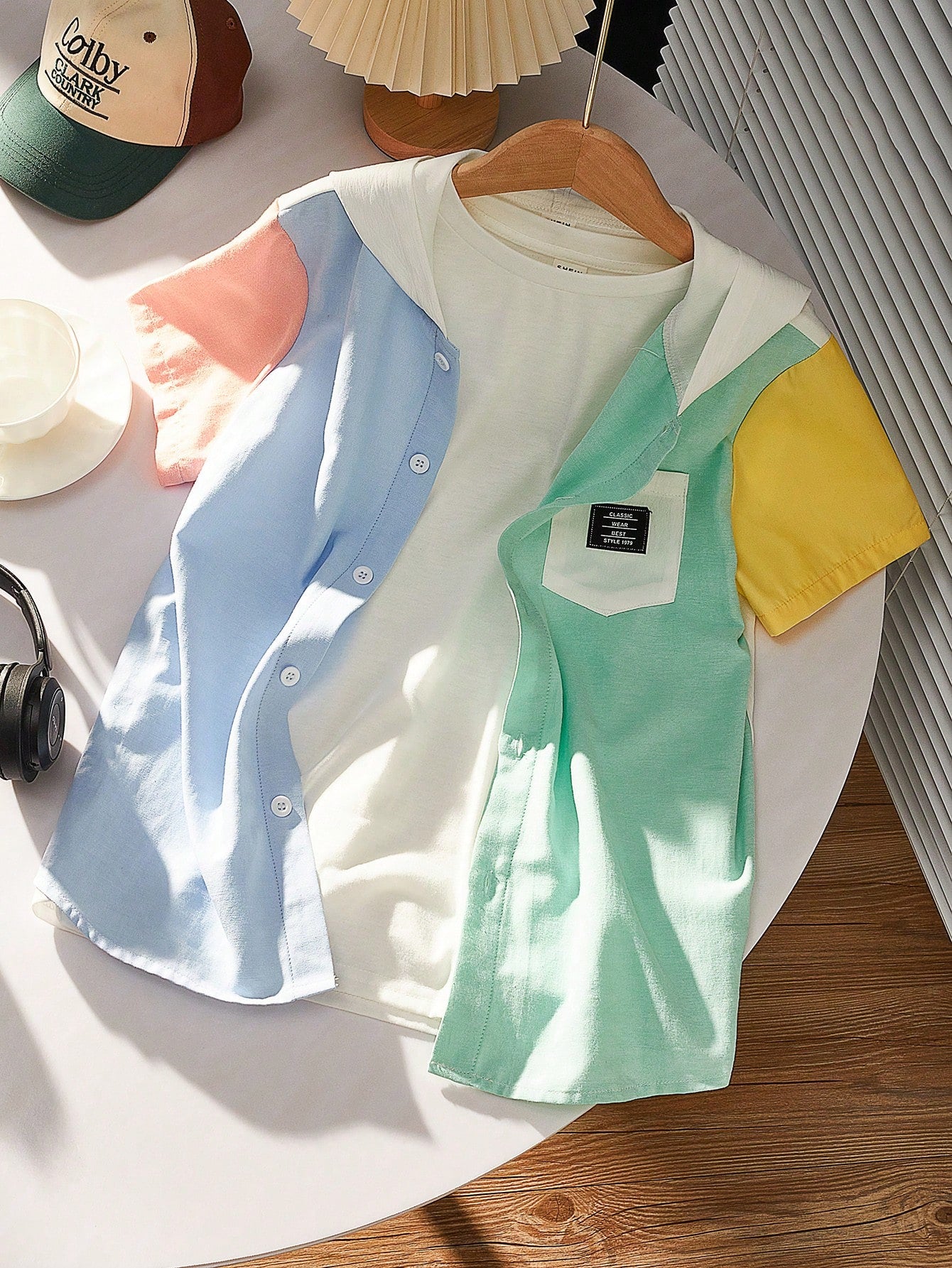 Tween Boy Color Block Casual Short Sleeve Hooded Shirt