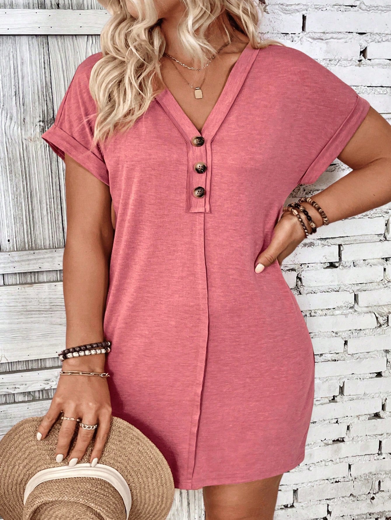Plus Size Women Solid Color V-Neck Button Decoration Batwing Short Sleeve Casual Dress For Summer