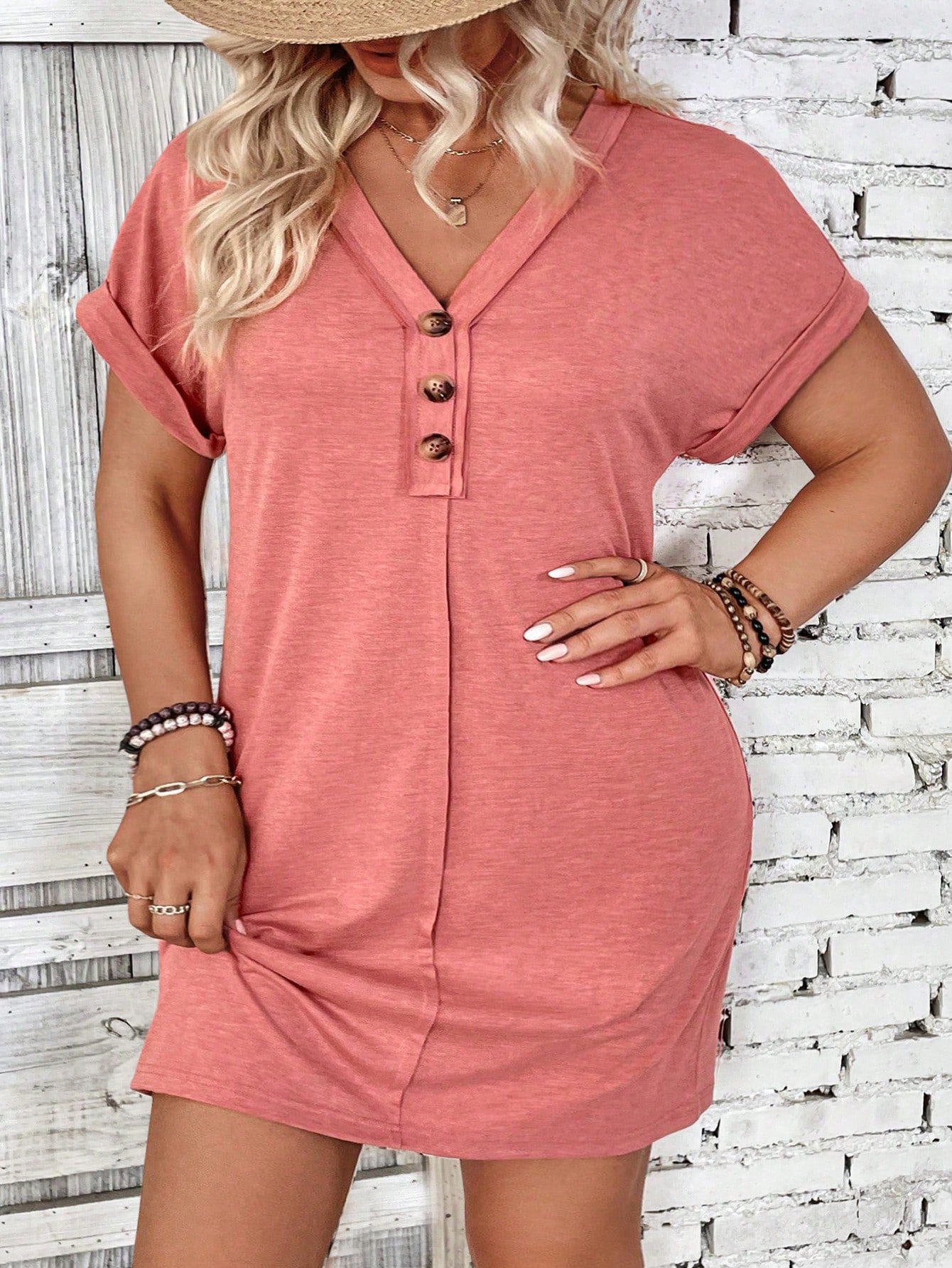 Plus Size Women Solid Color V-Neck Button Decoration Batwing Short Sleeve Casual Dress For Summer