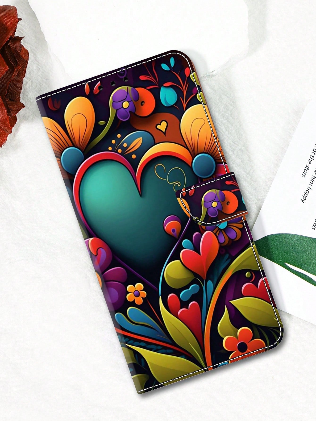 Compatible With Samsung IPhone Xiaomi Redmi Huawei Honor Oppo   Cell Phone Case Durable Anti-Drop Folding Stent Plug Card Cover Magnetic PU Leather + TPU Inner Shell Phone Case - Flower Love
