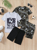 Tween Boy Dark Grey Simple Sport Football Printed Round Neck Short Sleeve Top Matching Shorts, Casual 2PCS Home Wear Outfit