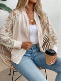 Women Floral Patchwork Mesh Insert Baggy Baseball Jacket For Spring And Autumn