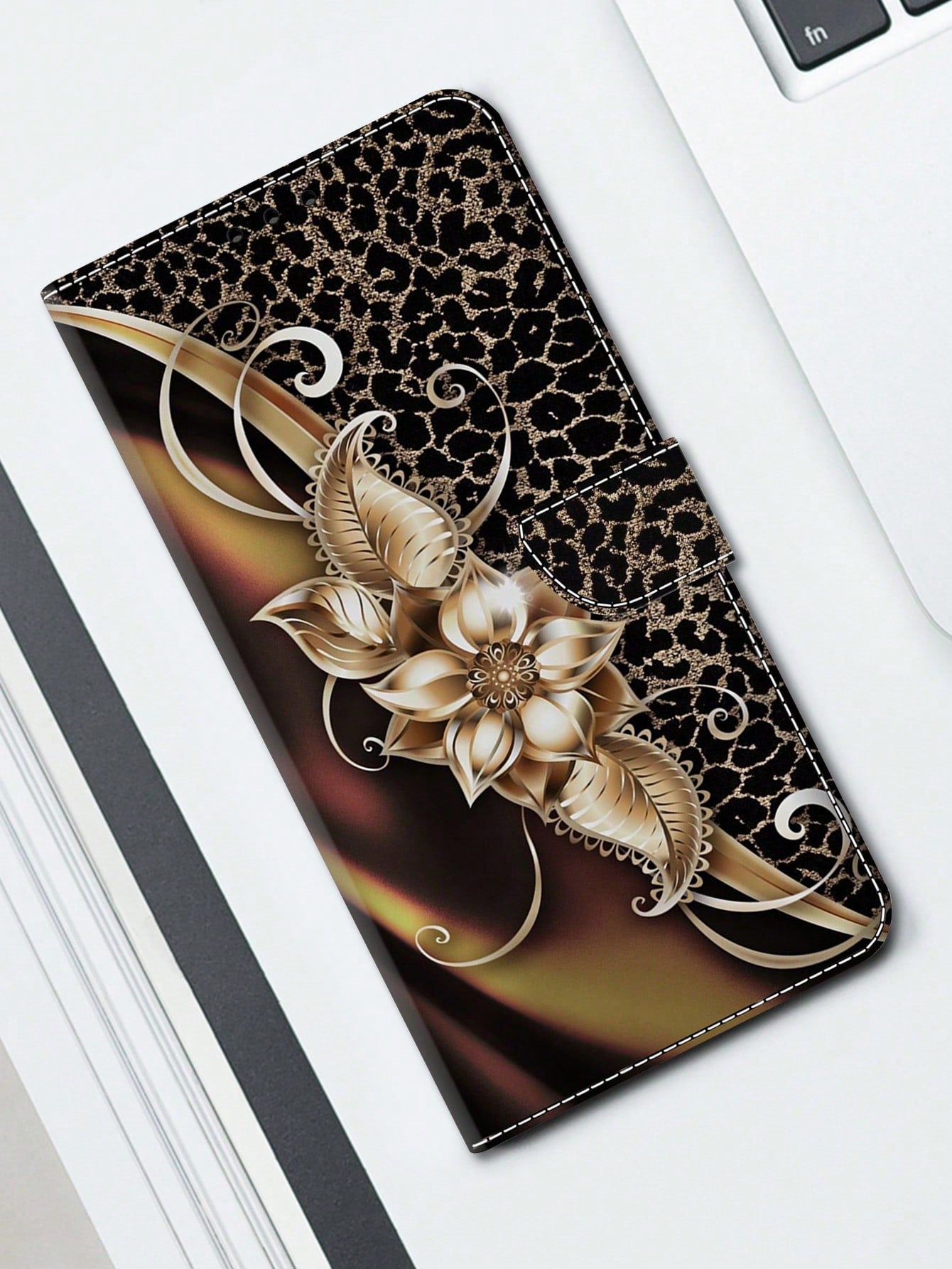 Leopard Print Compatible With Samsung IPhone Xiaomi Redmi Huawei Honor Oppo Phone Case Vintage Gold Flower Print Flap Folding Wallet With Card Clip And Magnetic Closure PU Leather