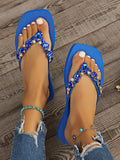 Blue Rhinestone Embellished Flat Flip Flops For Women, Beach & Casual Wear With TPR Anti-Slip Sole