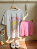 Comfortcana Loose Pink Printed Short Sleeve T-Shirt And Solid Color Leggings Set