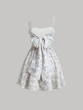 Blue Vintage Printed Bowknot Belt Romantic Girl Summer Cami Dress