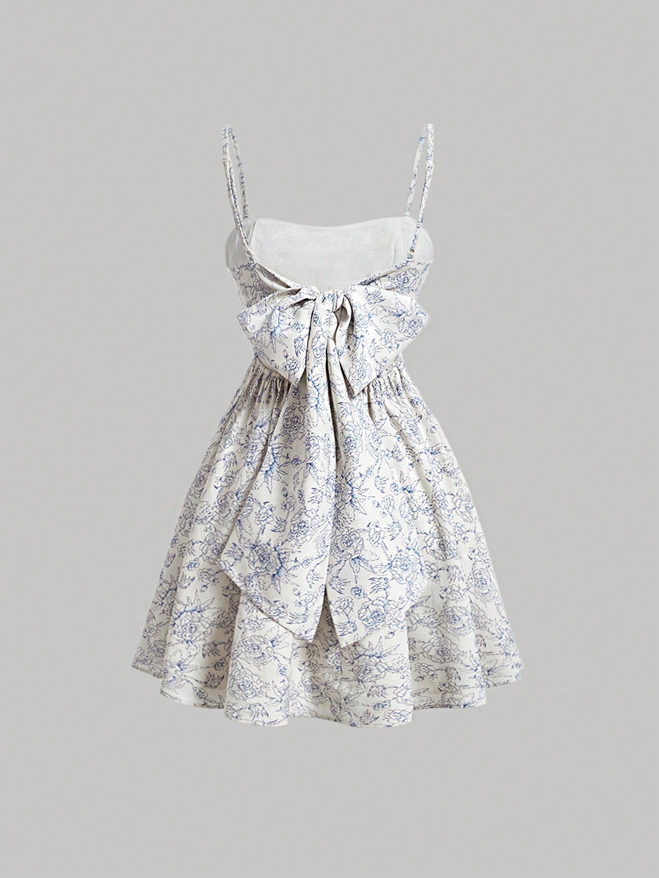 Blue Vintage Printed Bowknot Belt Romantic Girl Summer Cami Dress