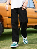 Teen Boy Casual Fashionable Black Comfortable Loose Minimalist Basic Cargo Jeans For Summer Vacation And Dailywear