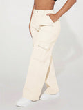 Women Solid Color Pocket Design Casual Denim Pants