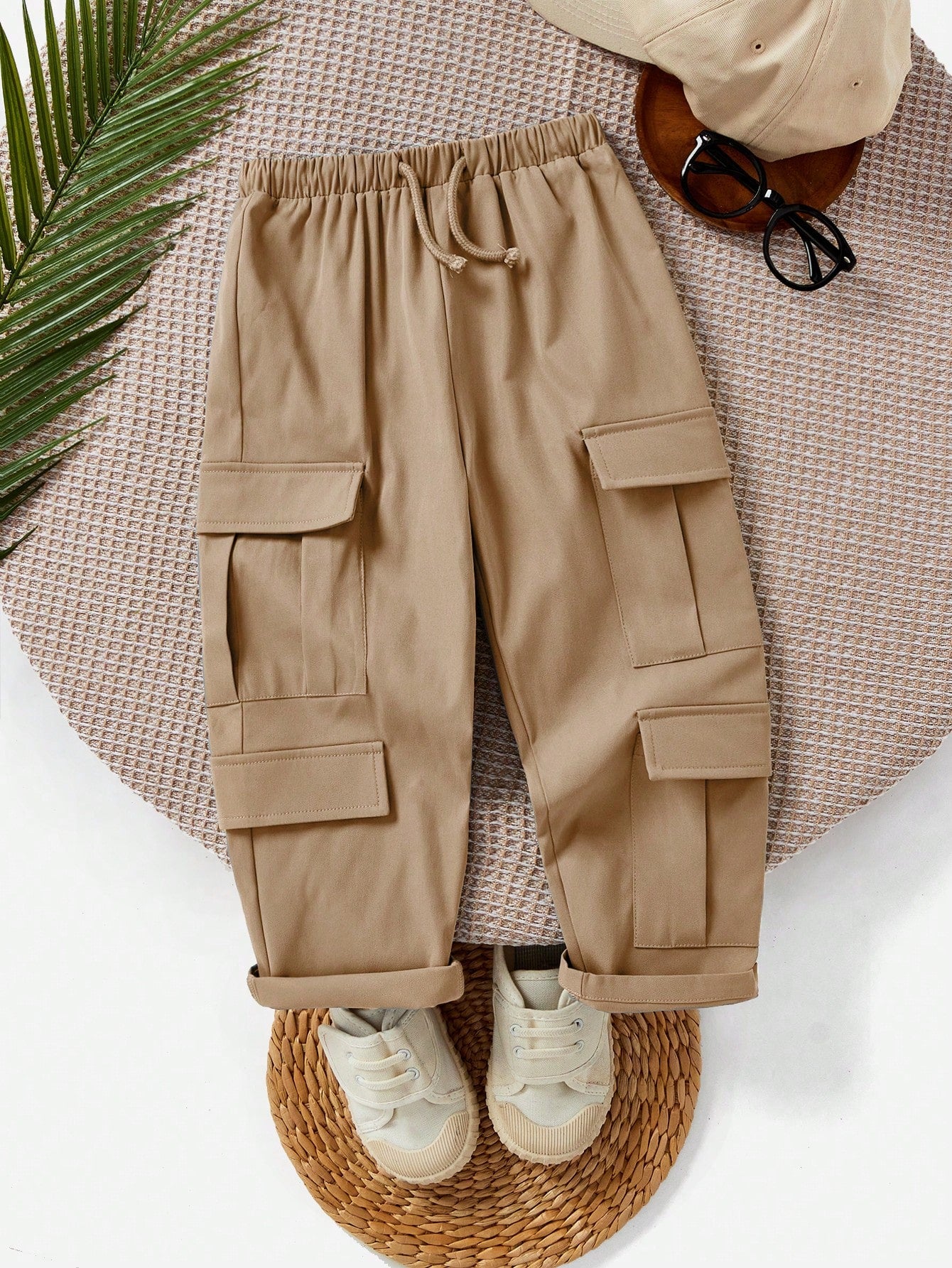 1pc Young Boys Casual Streetwear Multi-Pocket Decorated Solid Color Elastic Waist Drawstring Pants, Cargo Workwear Bottoms For Summer