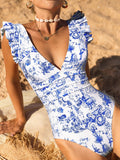 Solid Color Patchwork Ruffle Trim V-Neck Backless One-Piece Swimsuit